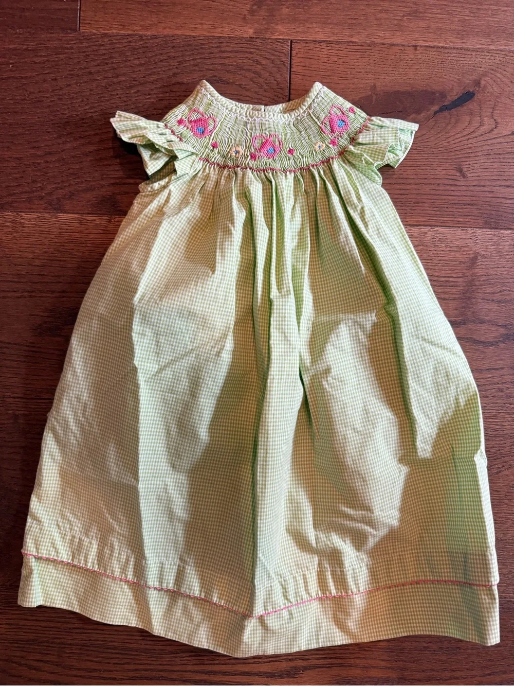 Ananivi - Girls Light Green Gingham Dress with Pink Embroidery
